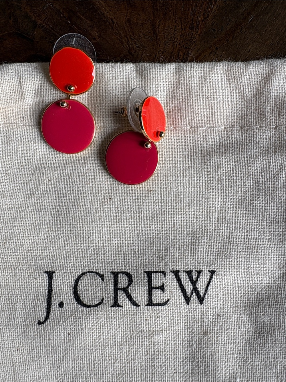 J.CREW Bright Pink & Orange Double Disc Drop Earrings + Original Dust Bag